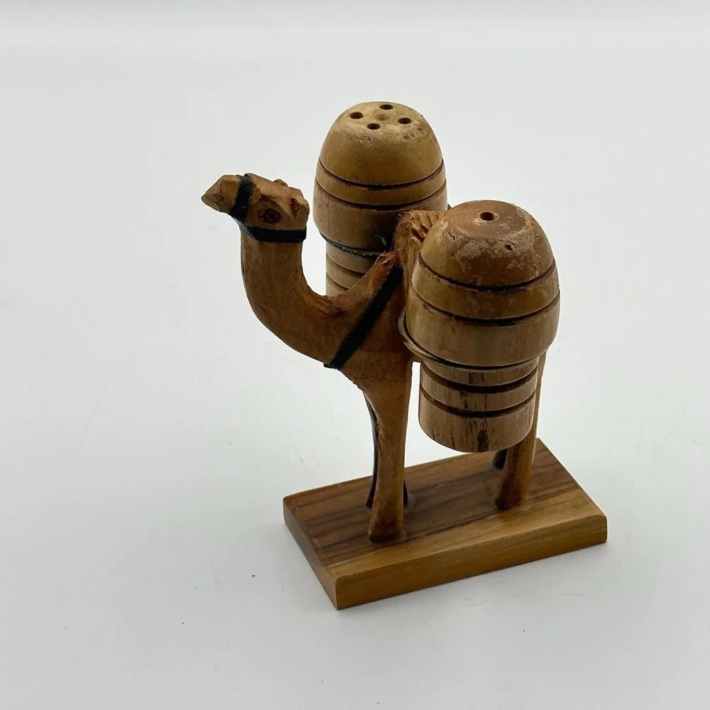 Vintage wooden camel‎ salt and pepper shaker holder